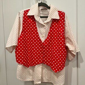 Vintage Rhapsody Polka Dot 2-Piece Set - White Shirt & Red Vest - Size Small